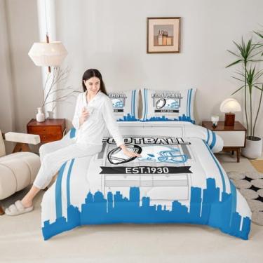 Imagem de Jogo de cama king para meninos, futebol americano, campo de futebol americano, abstrato, decoração de quarto para meninos, jogadores, bola esportiva, jogos, edredom azul, cinza, 2 fronhas