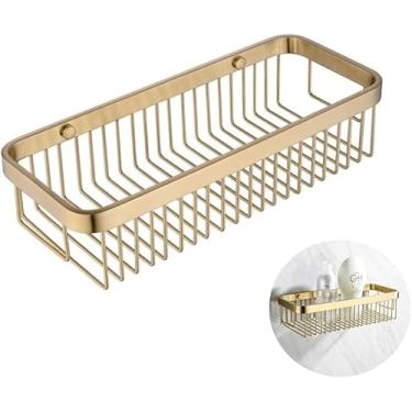Imagem de Suporte Para Shampoo Condicionador Organizador De Chuveiro Retangular Para Banheiro Com Prateleira De Parede, Acabamento Em Latão Escovado, Brass, 32×13×7.5cm