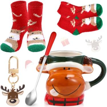Imagem de Sliner Conjunto de 4 peças de presente de Natal para mulheres e homens, presentes de Natal, inclui canecas de café de Natal fofas de 500 ml com colheres vermelhas, meias felpudas de Natal, mini