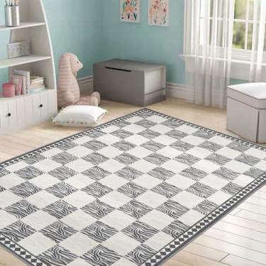 Imagem de Lacomfy Tapete xadrez xadrez de búfalo moderno, 8 x 1,5 m, zebra, para quarto, sala de estar, escritório, branco e cinza, design geométrico abstrato listrado e quadriculado, decoração de casa interna