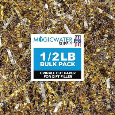 Imagem de MagicWater Supply Enchimento de papel cortado enrugado (14 g) para embalagem de presente e enchimento de cesta - dourado metálico