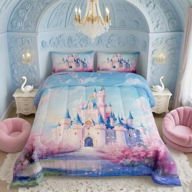 Imagem de Jogo de cama castelo para crianças, floral, flor de princesa, edredom romântico, sonhador, fantasia, azul, rosa, 2 fronhas