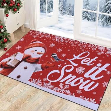 Imagem de FRAMICS Tapete de Natal floco de neve, tapete de porta da frente, boneco de neve, tapete de boas-vindas, antiderrapante, vermelho, com suporte de borracha, tapete de baixo perfil para decoração de