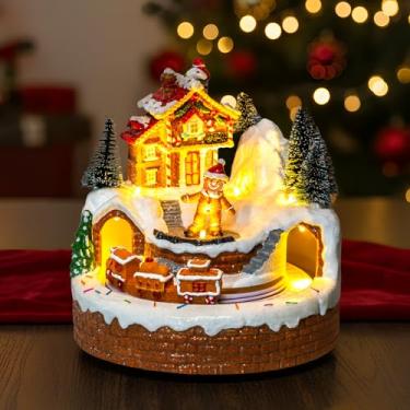 Imagem de XPSCOCO Vila de Natal de pão de gengibre de 16 cm com trem giratório iluminado - decoração musical de Natal alimentada por bateria ou USB para exibição festiva