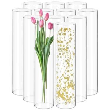 Imagem de Pacote com 12 vasos cilíndricos de vidro para centros de mesa – Vaso de flores de 35,5 cm de altura para decorações de casamento, castiçal flutuante a granel, castiçais de vidro para prateleira de