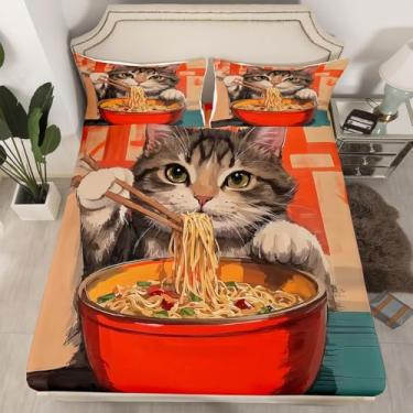 Imagem de Erosebridal Jogo de lençol solteiro com macarrão kawaii, fofo, gatinho, vermelho, cinza, para crianças, meninos, meninas, lençol com elástico alto, lençol com elástico alto
