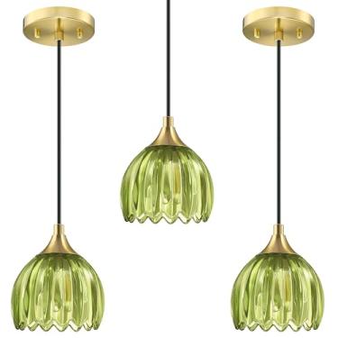Imagem de 13 cm Vidro Tulipa Verde Escuro Pendurado Industrial Cozinha Ilha Casa de Fazenda Rústica Vintage Pacote com 3 1 Luz Pingente Luz de Teto Luminária Acabamento Bronze Escovado, para Sala de Jantar