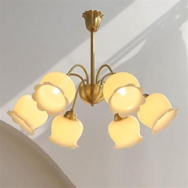 Imagem de Lustre de flores compatível com o quarto de Gilrs, luzes de teto de cobre antigo branco leite, luminária pendente de ouro em forma de V com pétalas, lâmpadas de lustre
