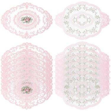 Imagem de MBAIYO Conjunto de 14 peças de jogo americano de renda floral rosa, tapetes de mesa ovais bordados vintage para mesas, guardanapos rosa, pano, decoração de crochê francês, 41 x 30 cm, jogo americano