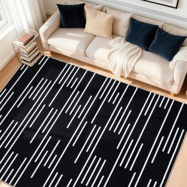 Imagem de YIHOUSE Tapete abstrato lavável 12 x 18 cm, tapetes pretos antiderrapantes ultrafinos para sala de estar, tapetes modernos minimalistas com listras brancas para quarto, sala de jantar, escritório
