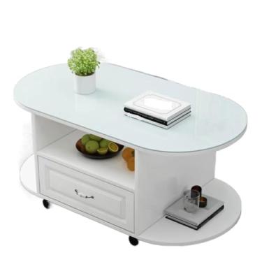 Imagem de Mesa de centro oval sobre rodas, mesa de centro de 3 níveis com prateleira de armazenamento e gavetas, mesa de centro moderna para sala de estar com rodas e mesa de quarto (C)