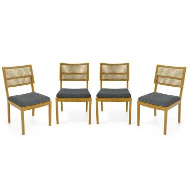 Imagem de Kit Com 4 Cadeiras Milena Madeira Maciça Assentos Estofados Encostos De Tela Palha Sextavada