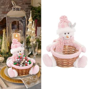 Imagem de Cesta de armazenamento de biscoitos doces de Natal com suporte de tecido de chocolate para decoração de festa de inverno (boneco de neve rosa)