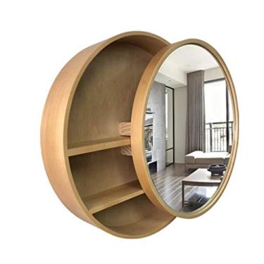 Imagem de Armário de medicamentos espelhado Armário de madeira com porta espelhada emoldurada espelho redondo para banheiro (Cor: Madeira Tamanho: 50 cm)