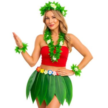 Imagem de Pextian Fantasia feminina de Halloween para adultos, fantasia havaiana para mulheres com saia de folha de Hula, Leis, top tubinho para festa Luau, Vermelho e verde, G