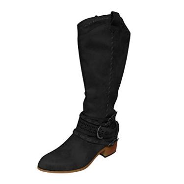 Imagem de Bigfanshu Botas femininas ocidentais de inverno, bico fino, cano longo, botas de cavaleiro, sapatos femininos de salto alto até o joelho, panturrilha larga, moda feminina, atlética, confortável, para ocasiões com gancho e laço, Preto, 41 BR