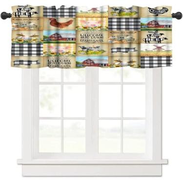 Imagem de Cortinas curtas rústicas de animais de fazenda para janela cabana porco galinha vaca girassóis grades geométricas cortinas curtas para sala de jantar, quarto, cozinha, sala de estar, escritório, 137 x