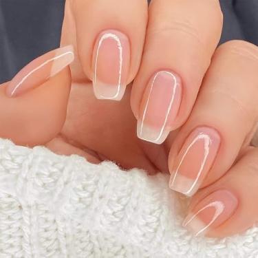 Imagem de Kit de unhas de pressão de caixão médio ombré nude branco falso conjunto de unhas com design francês simples cobertura completa bastão falso artificial em unha de acrílico para mulheres 24 peças
