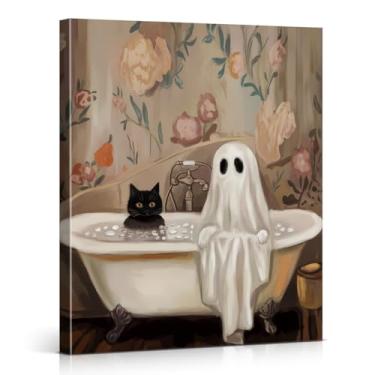 Imagem de Arte de parede de banheiro gótico engraçado fantasma gato preto na banheira pôster escuro academia assustador Halloween decoração de banheiro 20 x 25 centímetros