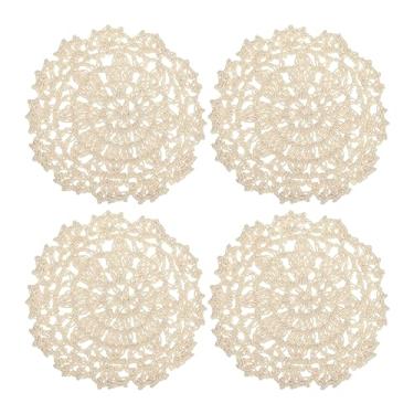 Imagem de Porta-copos de tecido, 4 peças de 10 cm - Doilies de crochê de algodão, tapete de copo bordado de renda com padrão floral para decoração de festa de casamento (bege)