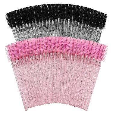 Imagem de 100 varinhas de rímel descartáveis para aplicação de cílios e sobrancelhas, pincéis rosa claro e preto para profissionais de maquiagem
