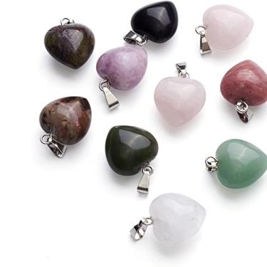 Imagem de 10 pingentes de pedra natural em forma de coração cristal natural e sintético de pedra lisa com laço para pendurar para fazer joias, colar faça você mesmo, brincos, pulseiras, enfeite de dia dos