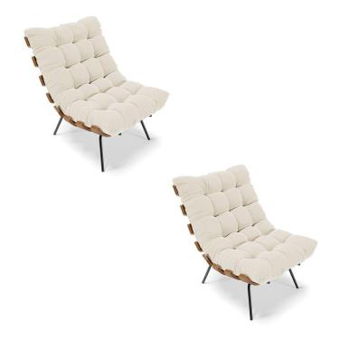 Imagem de Kit 02 Poltronas Costela Veludo Base Metálica Preto Bege