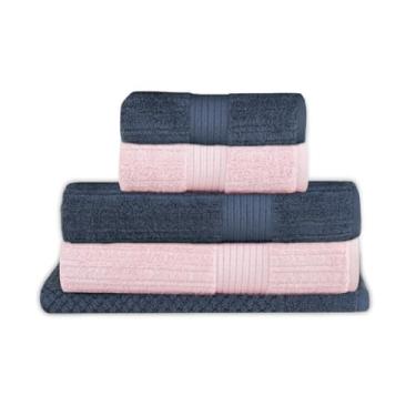 Imagem de Buddemeyer, Jogo Toalha de Banho Buddemeyer 5 Peças Luxo Fio Penteado Premium Alta Absorção Cor:Rosa C. 3137 e Azul E. 1950