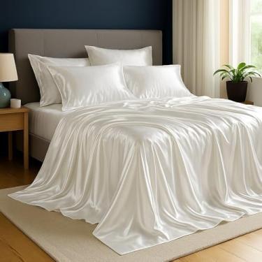 Imagem de Jogo de Cama Cetim Charmousse Casal Queen King 3/4 Peças – Toque Macio, Brilhante e Sedoso, Lençol com Elástico e Fronhas Luxuosas(Branco,Solteiro 3 peças)