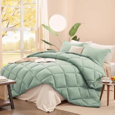 Imagem de SunStyle Home Conjunto de edredom king size, verde sálvia, 3 peças, edredom leve, tamanho king, sólido, acolchoado, para todas as estações, conjunto de cama alternativo leve e macio com 2 fronhas
