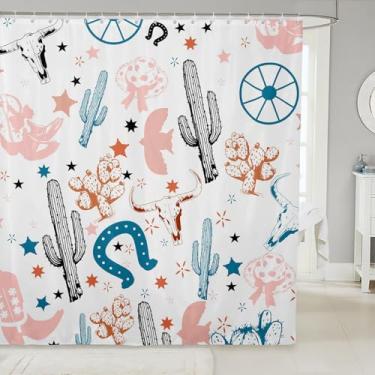 Imagem de Feelyou Cortina de chuveiro asteca ocidental rosa para decoração de banheiro infantil cortina de banho cowboy selvagem 182,88 cm x 182,88 cm ferraduras cacto touro crânio botas boho rústico acessórios