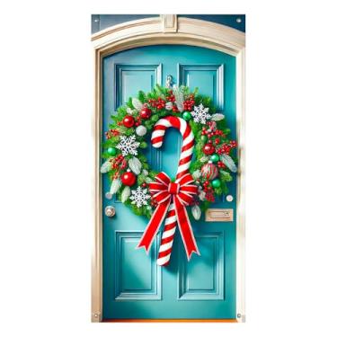 Imagem de BlissYard Guirlanda de bengala doce, capa de porta de Feliz Natal, faixa decorativa para porta de Natal com flocos de neve, frutas vermelhas e fita para exibições de varanda de férias internas e