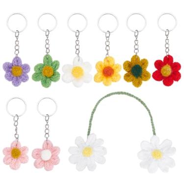 Imagem de WADORN 9 peças lindo chaveiro de crochê margarida acessórios para carro, chaveiro de flores de crochê estético com espelho retrovisor, pingentes para pendurar, porta-chaves, bolsa elegante, acessórios