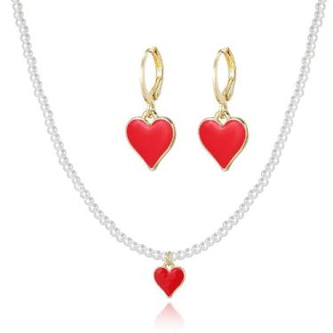 Imagem de ONLYJUMP Conjunto de 2 pares de brincos de colar de coração de pérola para mulheres, colar delicado com pingente de pérola, laço de coração vermelho, flor, lábio, argola, joias, festa de casamento