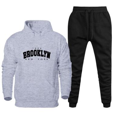 Imagem de Conjunto de Moletom Canguru Flanelado Com Calça Confortavel Estampa Brooklyn New York Dias Frios