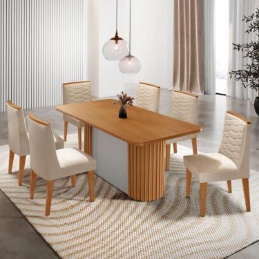 Imagem de Mesa De Jantar Aspen Com 6 Cadeiras Eloise Moderna Mobília Veludo Creme Naturale