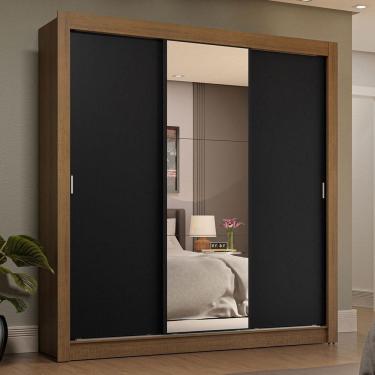 Imagem de Guarda-roupa Casal 3 Portas De Correr Com Espelho 4 Gavetas Rustic/preto Sublime Plus Madesa Rustic/preto