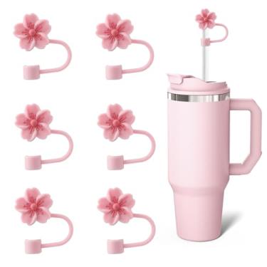 Imagem de Bchjatk Tampas de palha rosa para copos 6 peças Topper de palha de flores para copos Copo de 1,134 g Capa de canudos reutilizáveis 0,4 pol/10 mm Toppers de silicone presentes para amigas mulheres