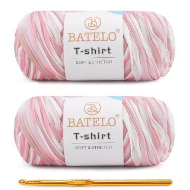 Imagem de BATELO Pacote com 2 fios de camiseta para iniciantes de crochê/cesta/porta-copos de 400 g/144 jardas de tecido de poliéster grosso (branco e rosa)