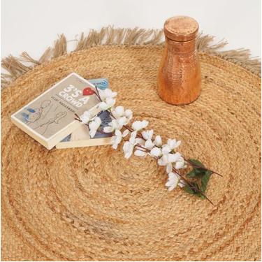 Imagem de NAMASTE VINTAGE Tapete redondo de juta, bronzeado natural, trançado com franja, estilo fazenda, tecido à mão para sala de estar, uso interno e externo (9 cm redondo)