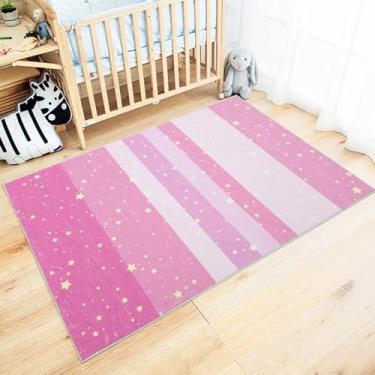Imagem de Lacomfy Tapete de área de estrelas lavável chique para sala de estar 3x5 rosa caprichoso tapete de brincar infantil antiderrapante fofo para quarto de meninas para berçário de sala de aula, rosa