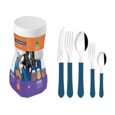 Imagem de Faqueiro Leme Lâminas em Aço Inox e Cabo Azul 20 Peças - Tramontina, A