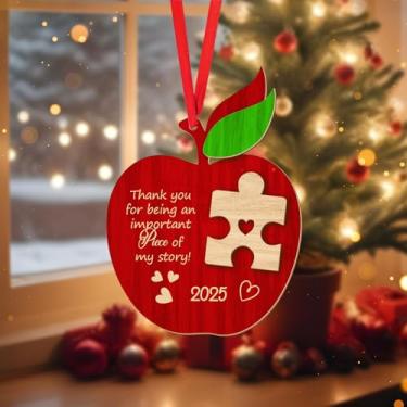 Imagem de Enfeite de Natal de agradecimento do professor 2025, formato de maçã com "Obrigado por ser uma peça importante da minha história", lembrança de feriado para professores, mentores e educadores