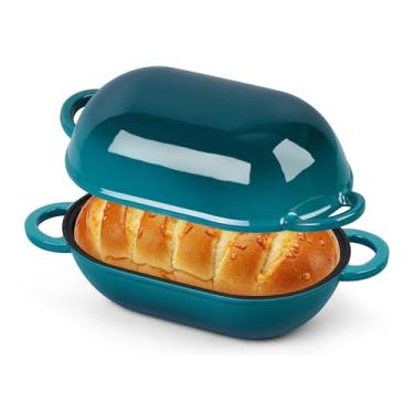 Imagem de Homikit Forno holandês de ferro fundido esmaltado para assar pão, panela oval de 2,8 litros com tampa, pão fermentado assadeira holandesa para assar, verde escuro e resistente