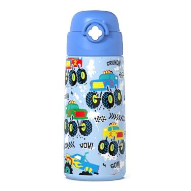 Imagem de Garrafa de água isolada Monster Truck para meninos com canudo pop-up coberto, copos infantis de 473 ml com aço inoxidável à prova de vazamento para escola