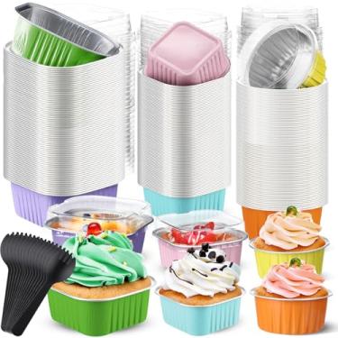 Imagem de Blushtier 180 conjuntos de mini formas de pão com tampas e colheres 142 g formas quadradas e circulares de folha de alumínio para assar mini formas de bolo para sobremesas de pão, cor pastel