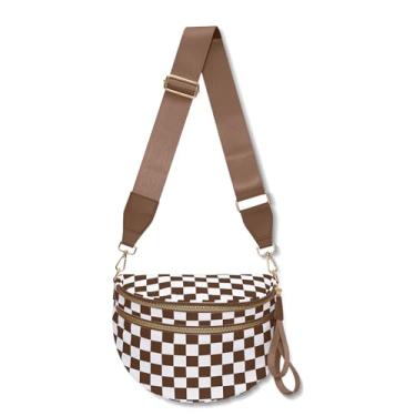 Imagem de Bolsas de bumbum para mulheres, bolsa transversal quadriculada grande de nylon para mulheres, bolsa quadriculada, pochete com cinto, Xadrez marrom, Bolsa transversal quadriculada