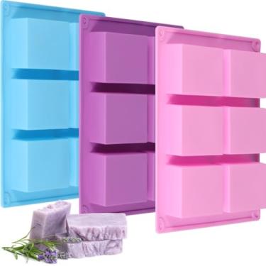 Imagem de Bandeja caseira de sabão e cubo de gelo, 3 peças de moldes de sabão de silicone com 6 cavidades, chocolates, muffins, bolos para molde de silicone para assar, molde de sabão retangular, máquina de