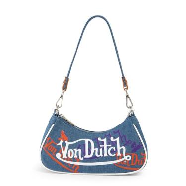 Imagem de Von Dutch Bolsa de ombro feminina com strass – Bolsa elegante com alça ajustável, interior espaçoso e design icônico com logotipo, Jeans com vários logotipos laranja e roxo