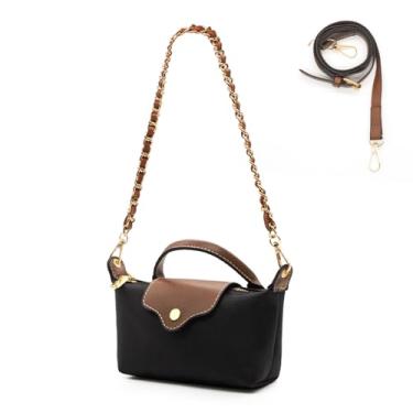 Imagem de Long Keeper Mini bolsa transversal feminina pequena de nylon colorida bolsa de ombro com alça superior bolsa clutch para telefone, Preta (com alça de corrente marrom), Mini bolsa casual de nylon com